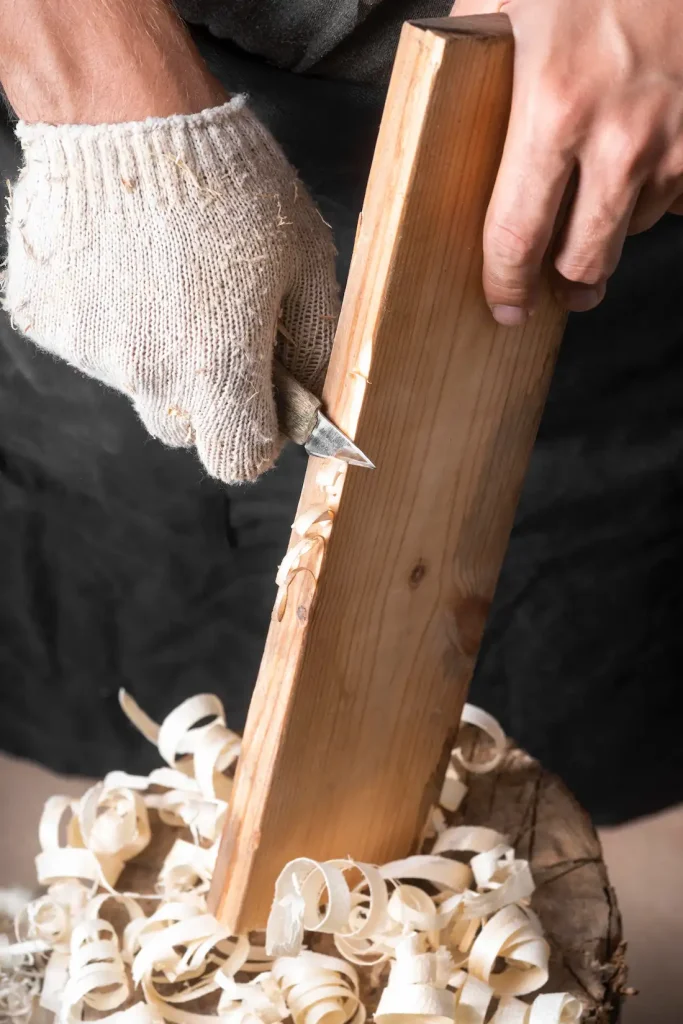 Artisan charpentier travaillant le bois dans un atelier.