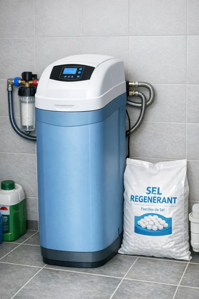 Adoucisseur d’eau domestique installé contre un mur avec sac de sel régénérant à côté.