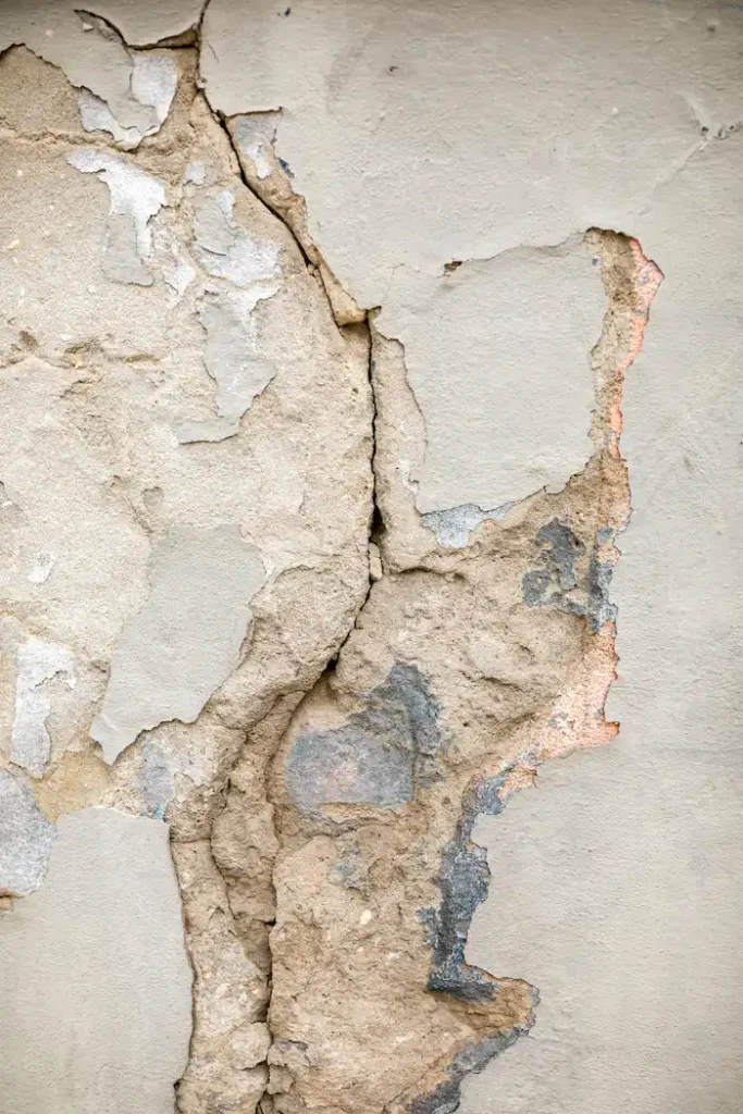 Fissure de façade sur un mur en béton avec enduit abîmé et peinture écaillée